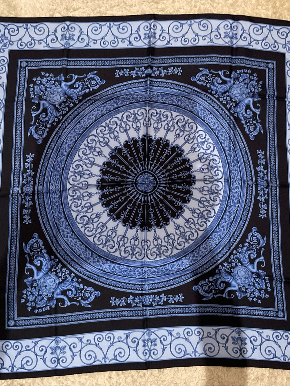 Versace Blue and Black Ornate Silk Scarf